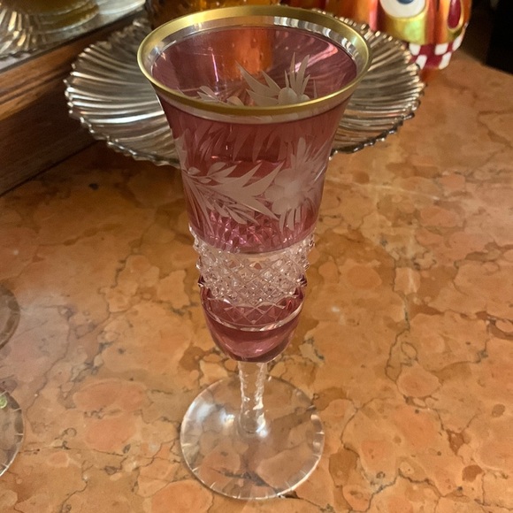 Ebeling & Reuss Marchioness Cranberry Crystal Cut to Clear Champagne Flute - Picture 1 of 4
